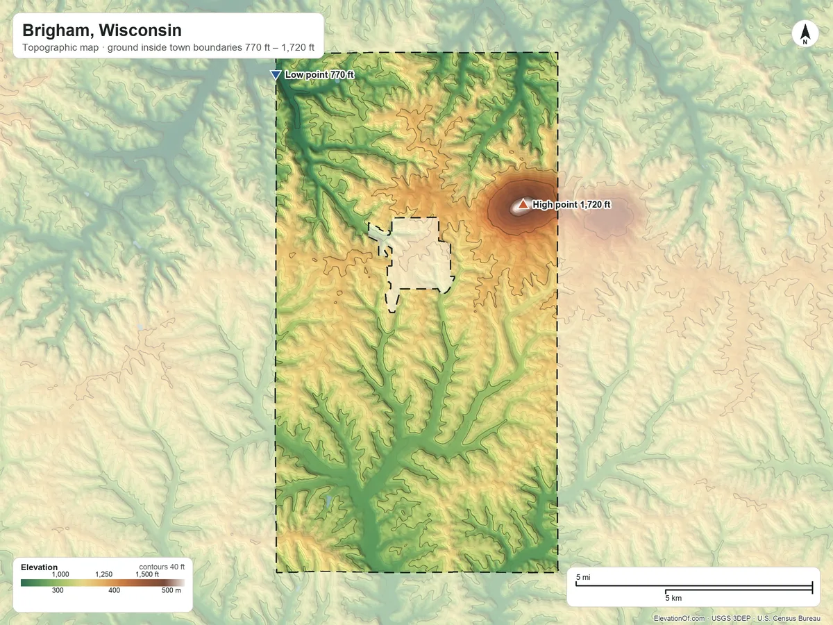 Topographic elevation map of Brigham, Wisconsin, shaded from 770 ft on the north side to 1,720 ft on Blue Mounds