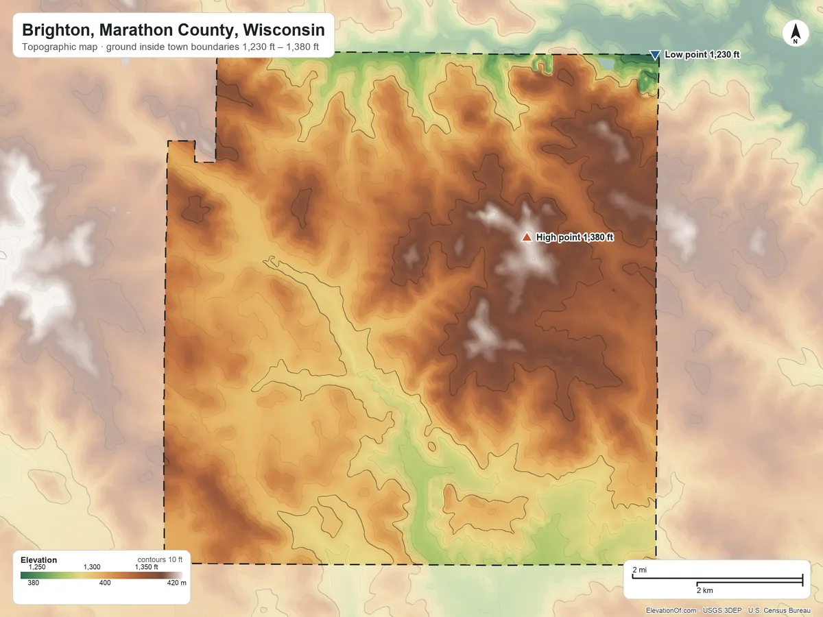 Topographic elevation map of Brighton, Marathon County, Wisconsin, shaded from 1,230 ft on the northeast side to 1,380 ft on the northeast side