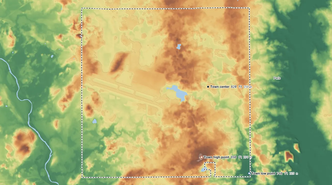 Topographic elevation map of Brighton, Wisconsin, shaded from 740 ft on the southeast side to 890 ft on the south side