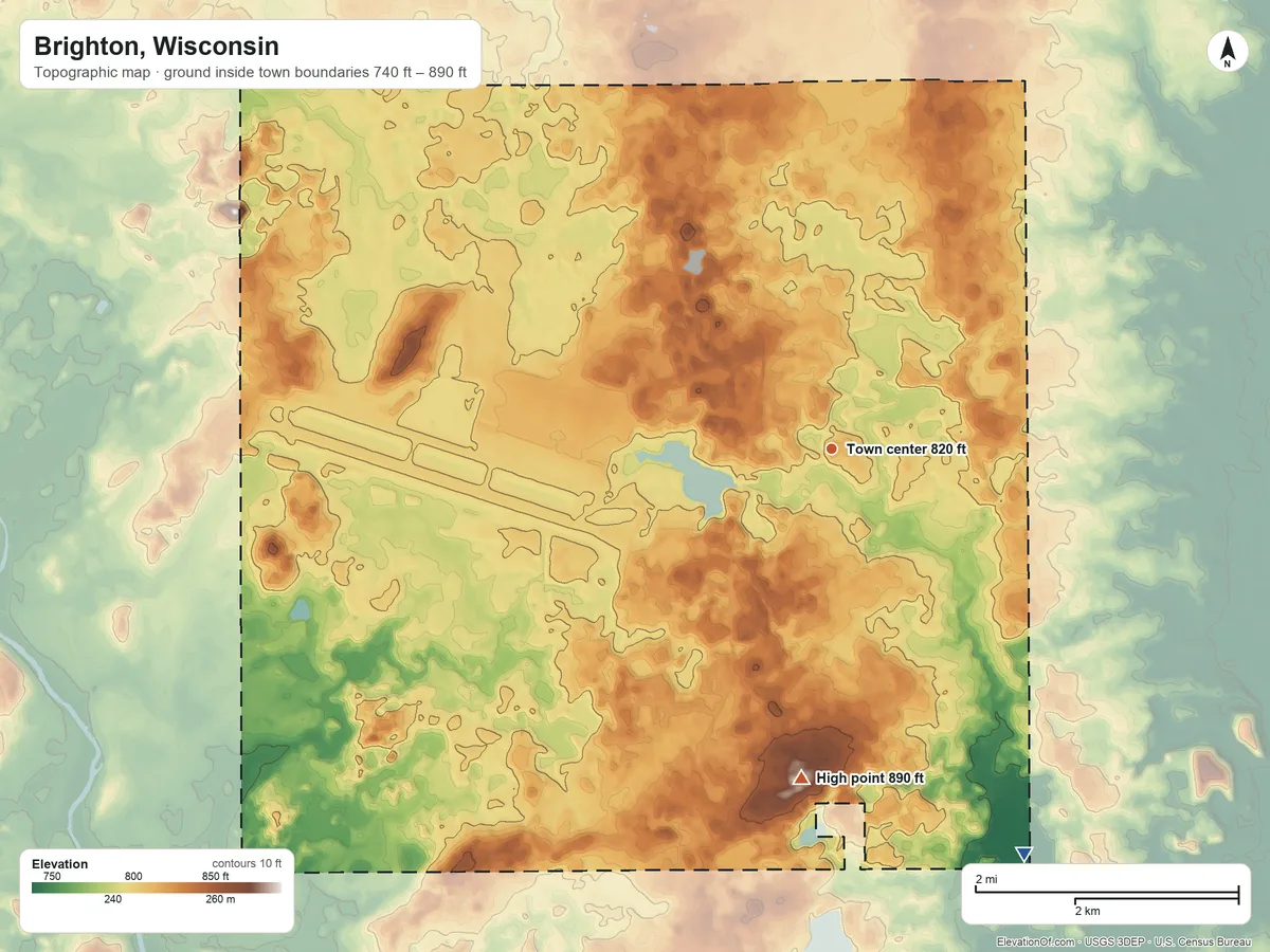 Topographic elevation map of Brighton, Wisconsin, shaded from 740 ft on the southeast side to 890 ft on the south side