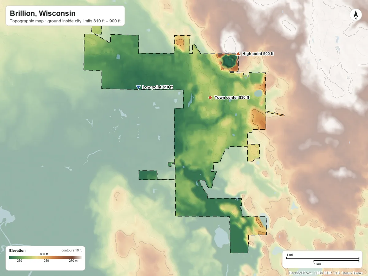 Topographic elevation map of Brillion, Wisconsin, shaded from 810 ft on the west side to 900 ft on the northeast side