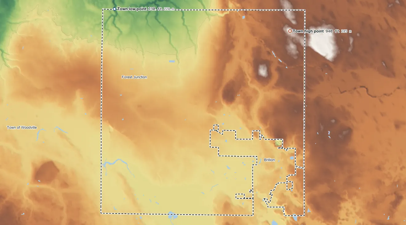 Topographic elevation map of Town of Brillion, Wisconsin, shaded from 730 ft on the northwest side to 940 ft on the northeast side