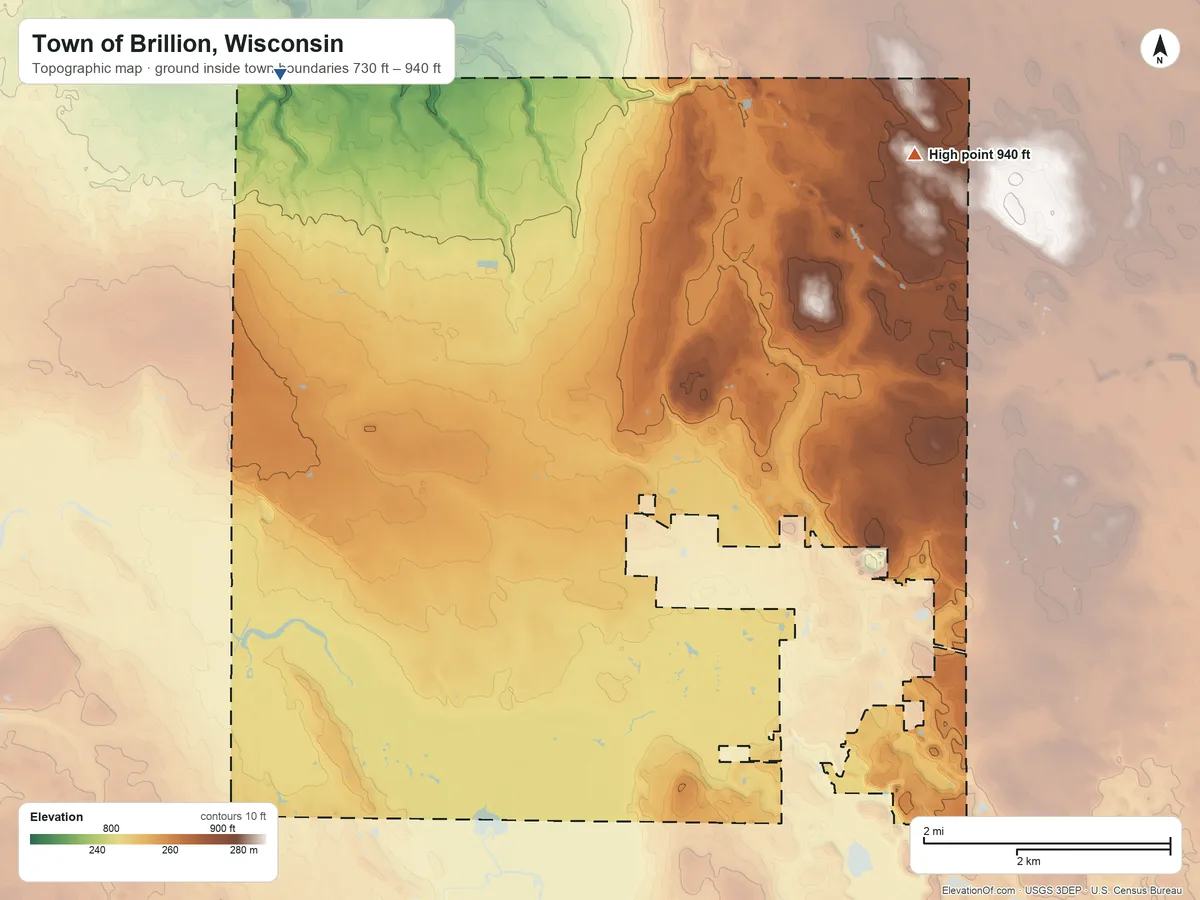 Topographic elevation map of Town of Brillion, Wisconsin, shaded from 730 ft on the northwest side to 940 ft on the northeast side