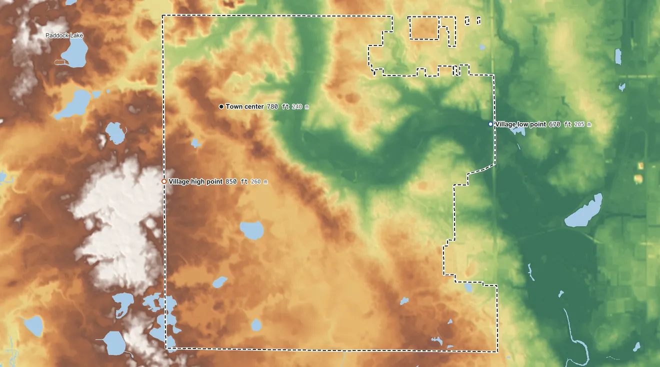 Topographic elevation map of Bristol, Wisconsin, shaded from 670 ft on the east side to 850 ft on the southwest side