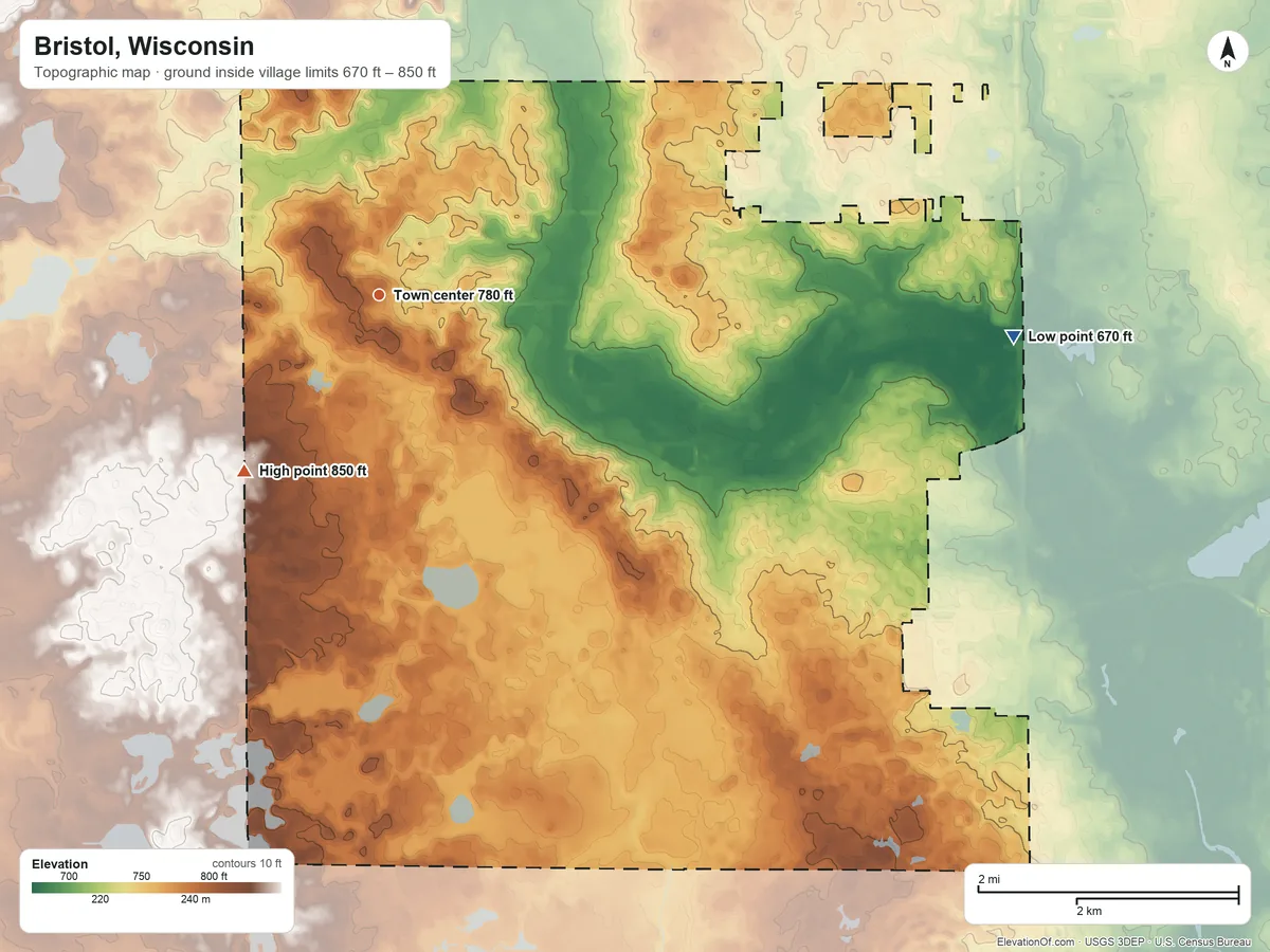 Topographic elevation map of Bristol, Wisconsin, shaded from 670 ft on the east side to 850 ft on the southwest side