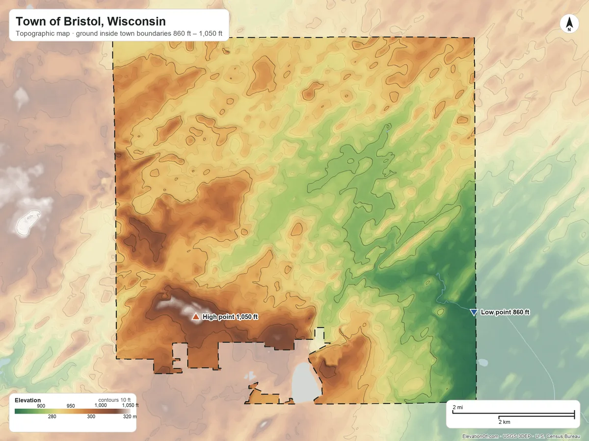 Topographic elevation map of Town of Bristol, Wisconsin, shaded from 860 ft on the east side to 1,050 ft on the south side