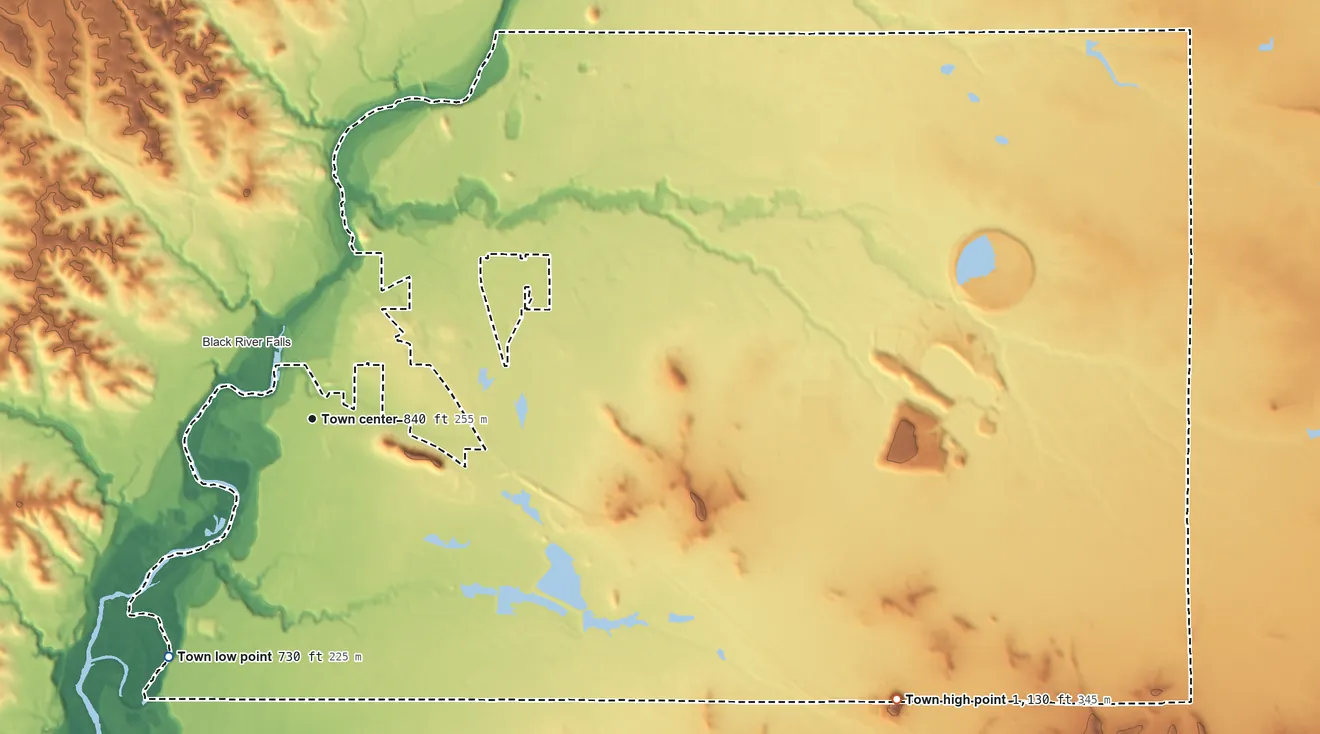 Topographic elevation map of Brockway, Wisconsin, shaded from 730 ft on the southwest side to 1,130 ft on the southeast side