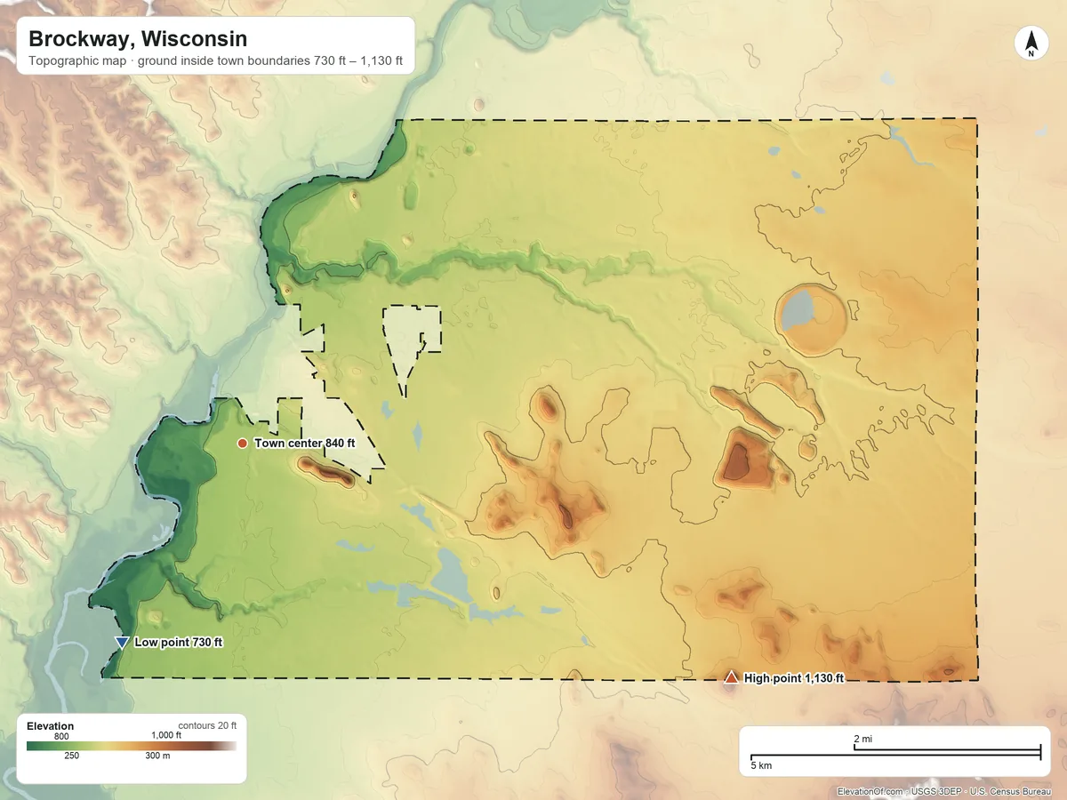 Topographic elevation map of Brockway, Wisconsin, shaded from 730 ft on the southwest side to 1,130 ft on the southeast side
