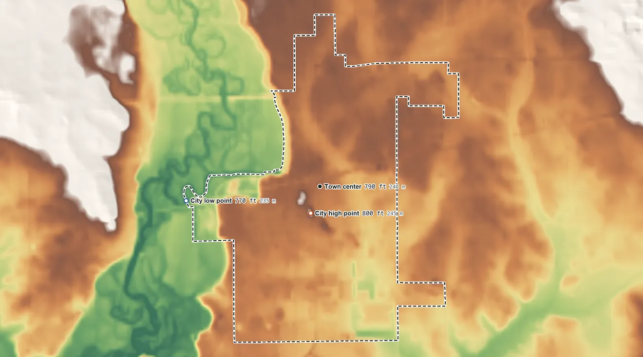 Topographic elevation map of Brodhead, Wisconsin, shaded from 770 ft on the west side to 800 ft near the middle