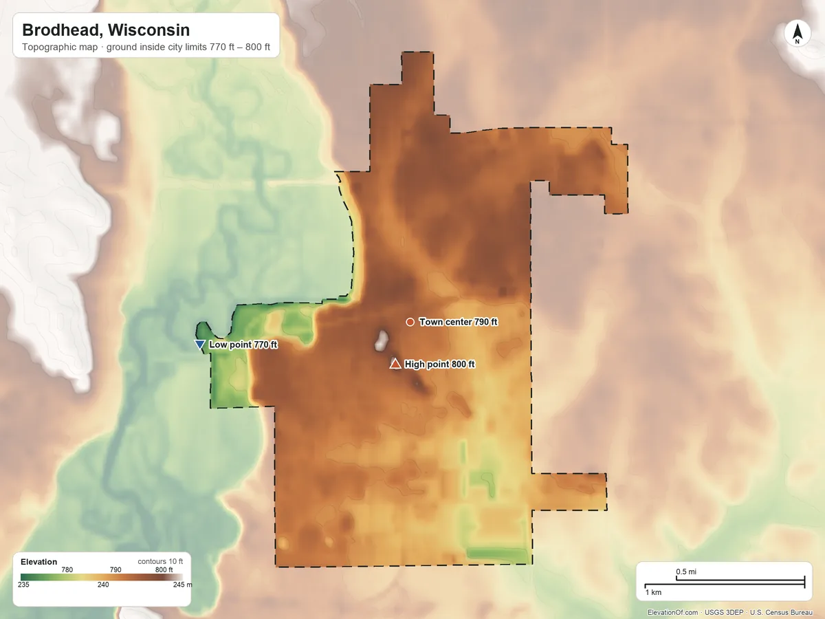 Topographic elevation map of Brodhead, Wisconsin, shaded from 770 ft on the west side to 800 ft near the middle