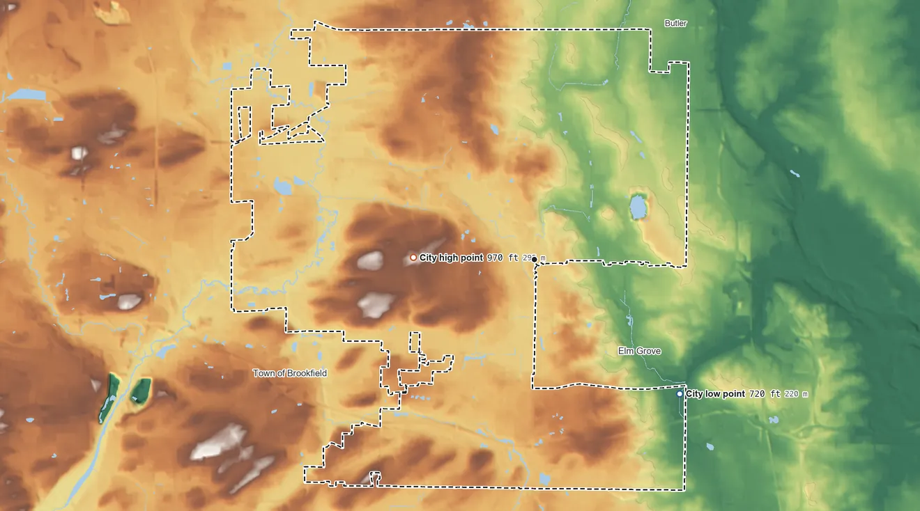 Topographic elevation map of Brookfield, Wisconsin, shaded from 720 ft on the southeast side to 970 ft on the west side