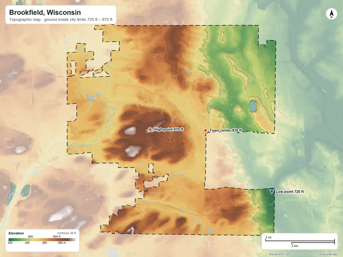 Topographic elevation map of Brookfield, Wisconsin, shaded from 720 ft on the southeast side to 970 ft on the west side