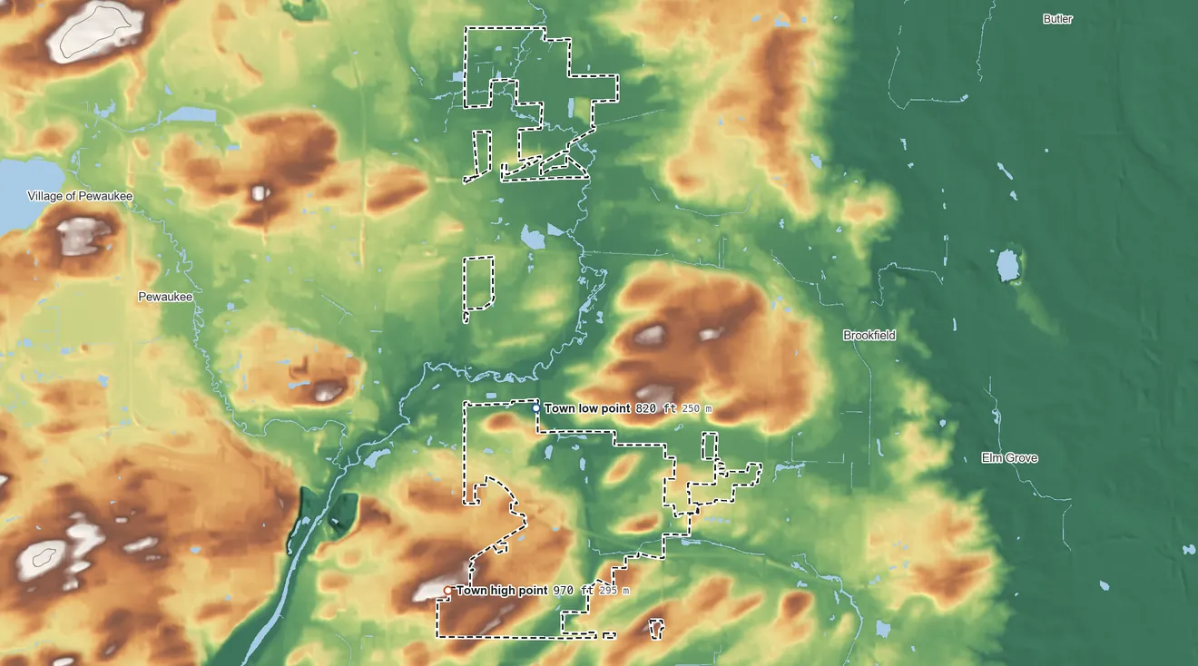 Topographic elevation map of Town of Brookfield, Wisconsin, shaded from 820 ft on the north side to 970 ft on the southwest side
