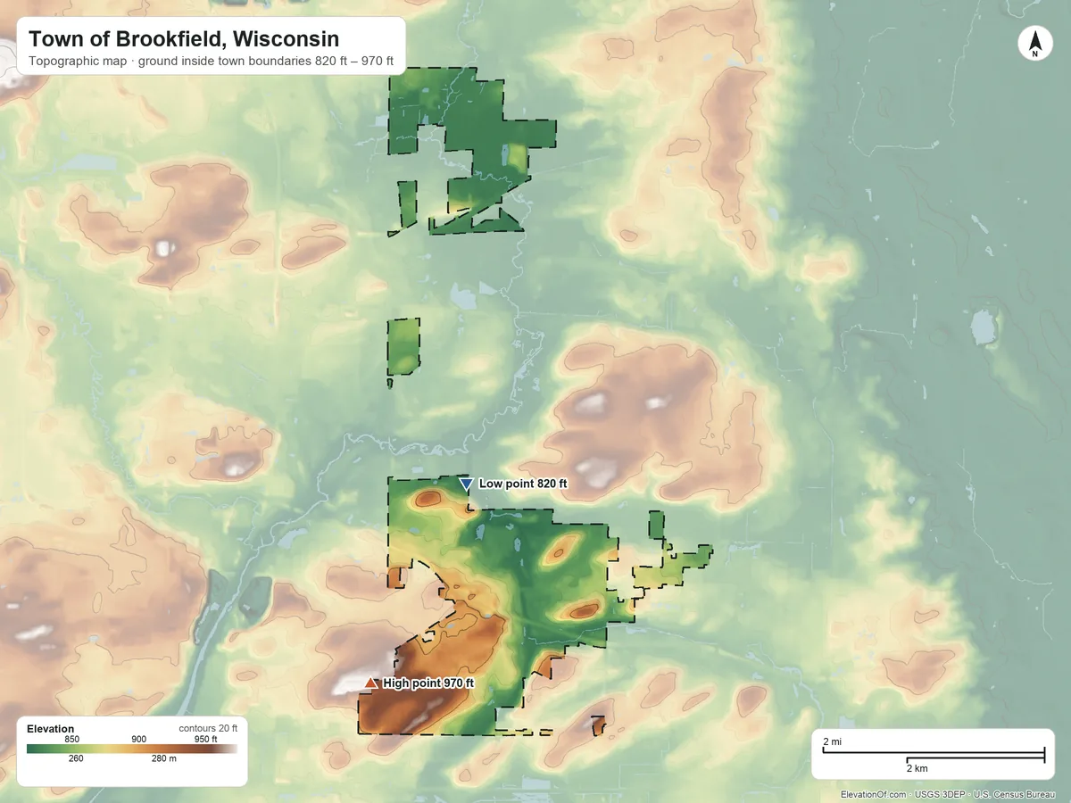 Topographic elevation map of Town of Brookfield, Wisconsin, shaded from 820 ft on the north side to 970 ft on the southwest side