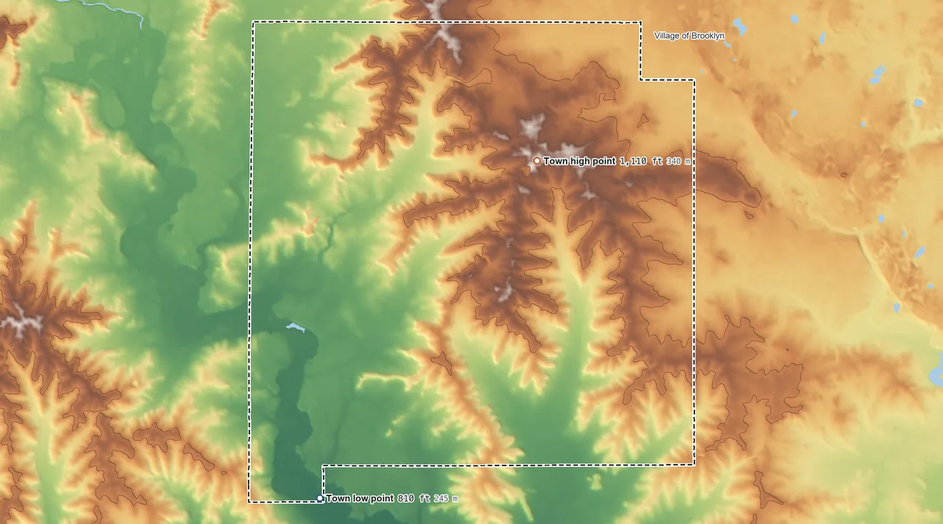 Topographic elevation map of Brooklyn, Green County, Wisconsin, shaded from 810 ft on the southwest side to 1,110 ft on Liberty Pole Hill