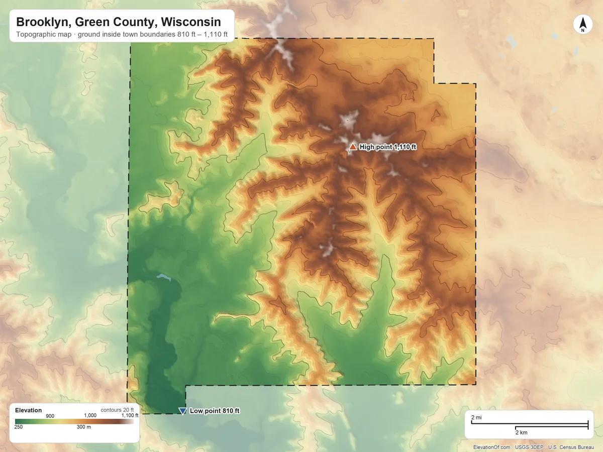 Topographic elevation map of Brooklyn, Green County, Wisconsin, shaded from 810 ft on the southwest side to 1,110 ft on Liberty Pole Hill