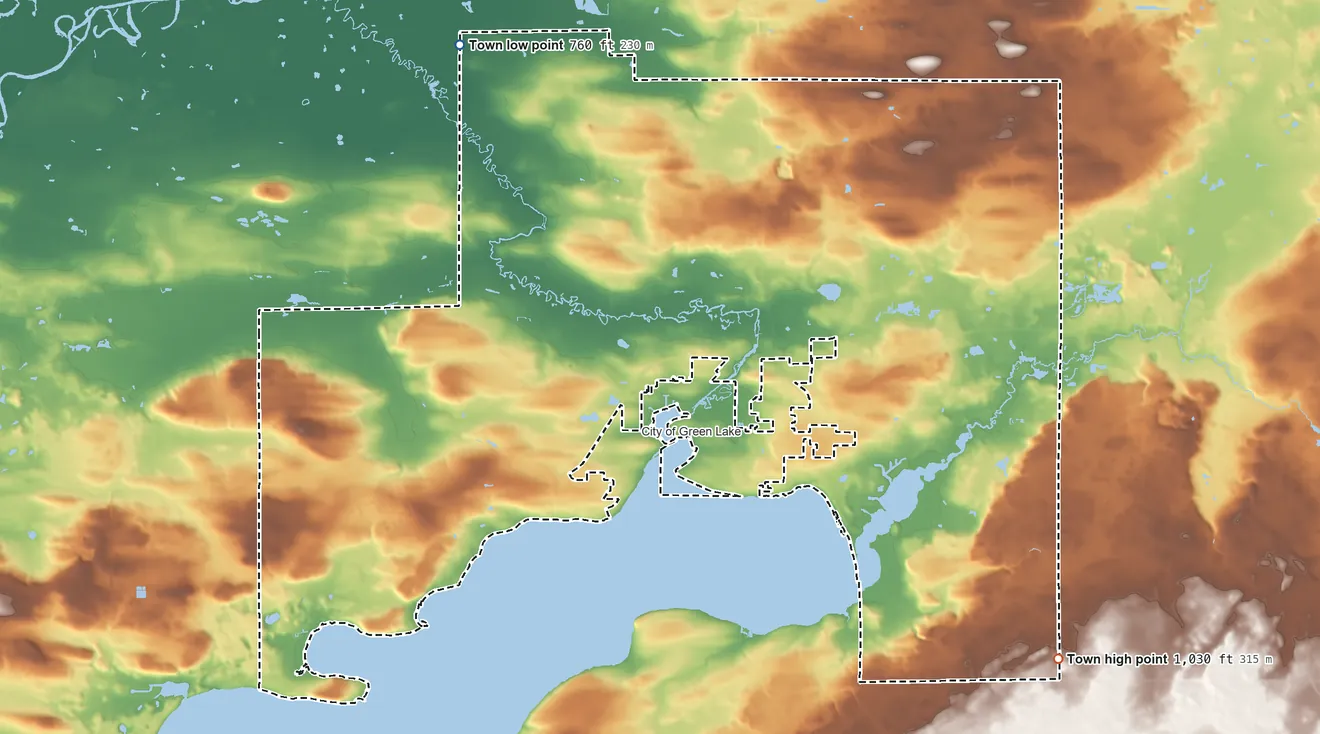 Topographic elevation map of Brooklyn, Wisconsin, shaded from 760 ft on the northwest side to 1,030 ft on the southeast side