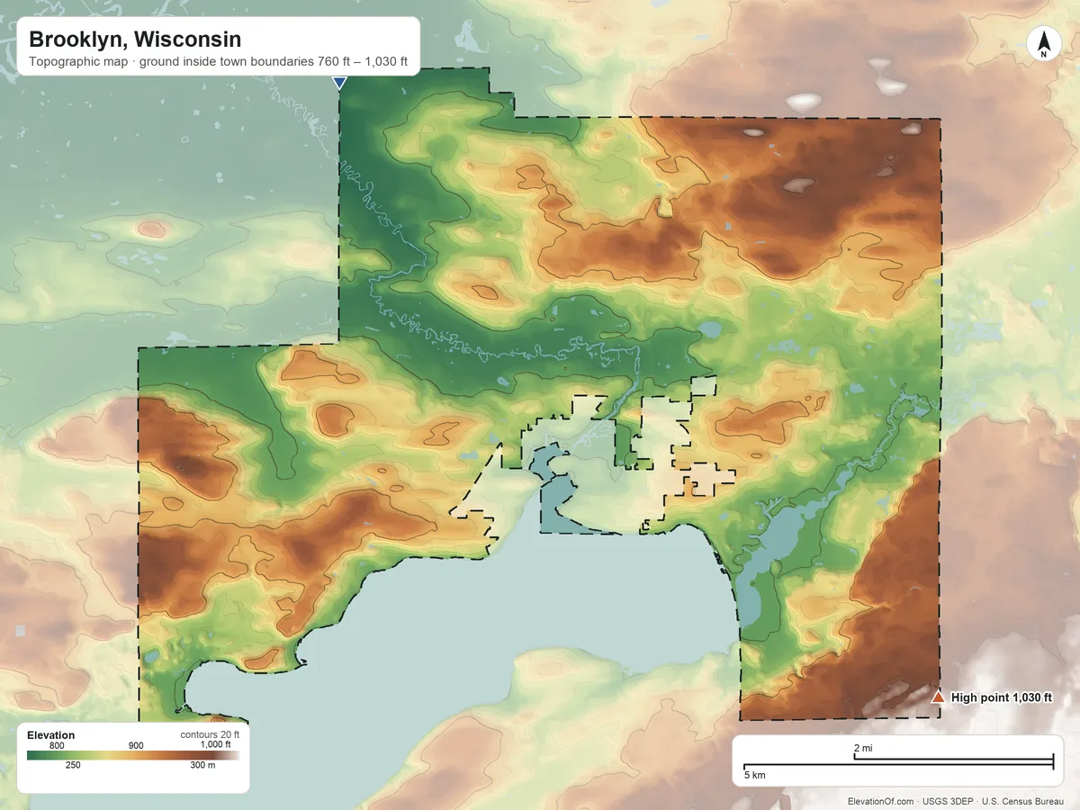Topographic elevation map of Brooklyn, Wisconsin, shaded from 760 ft on the northwest side to 1,030 ft on the southeast side
