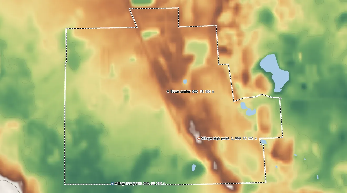 Topographic elevation map of Village of Brooklyn, Wisconsin, shaded from 950 ft on the southwest side to 1,000 ft on the southeast side