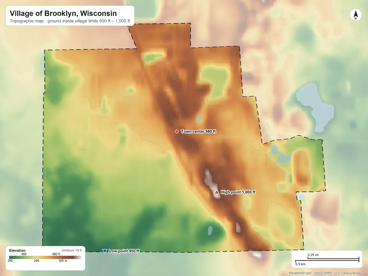 Topographic elevation map of Village of Brooklyn, Wisconsin, shaded from 950 ft on the southwest side to 1,000 ft on the southeast side