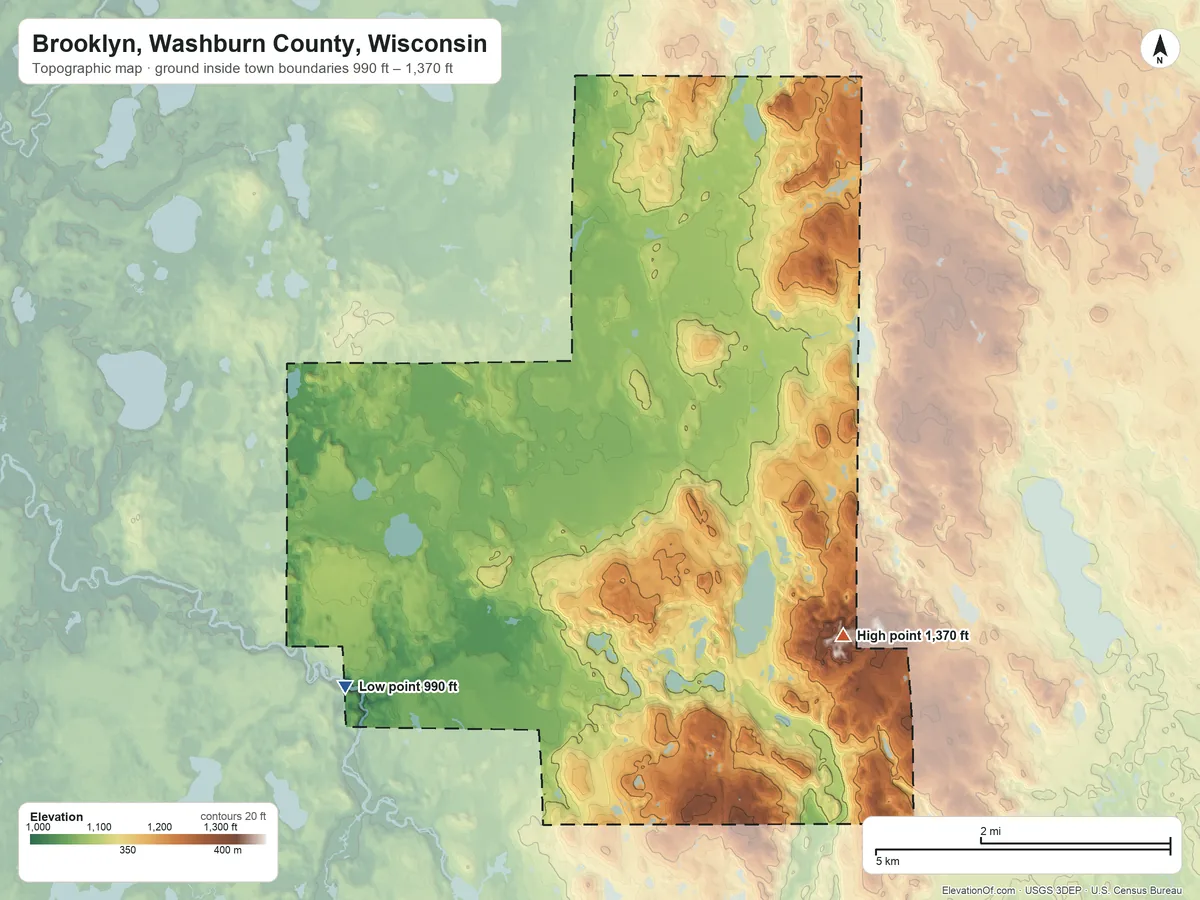 Topographic elevation map of Brooklyn, Washburn County, Wisconsin, shaded from 990 ft on the west side to 1,370 ft on the east side