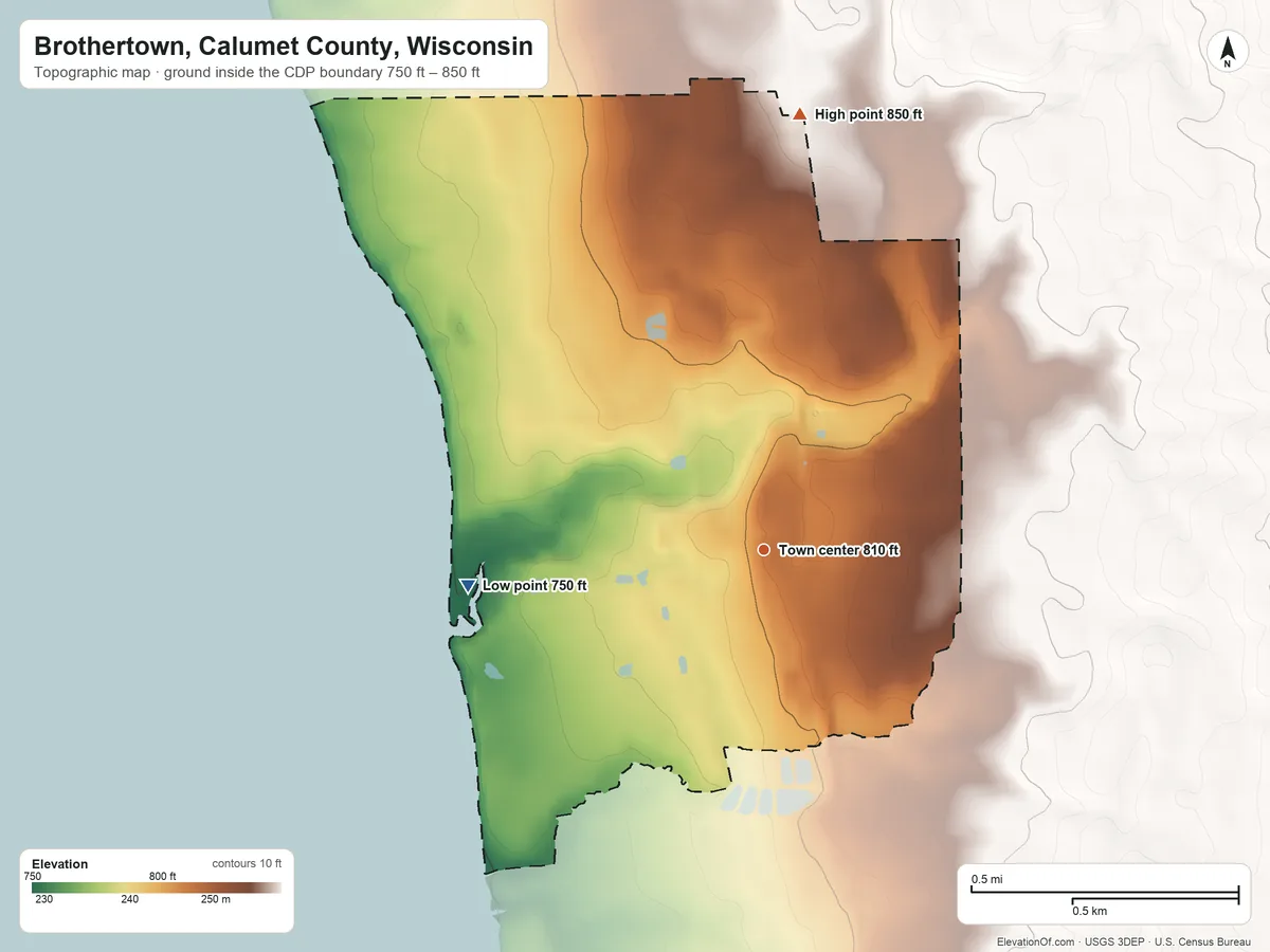 Topographic elevation map of Brothertown, Calumet County, Wisconsin, shaded from 750 ft on the west side to 850 ft on the north side