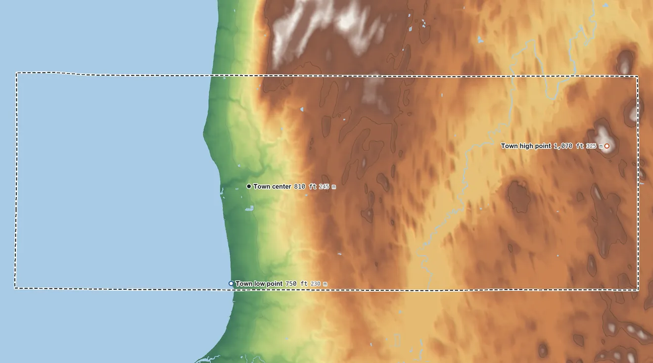 Topographic elevation map of Brothertown, Wisconsin, shaded from 750 ft on the south side to 1,070 ft on the east side