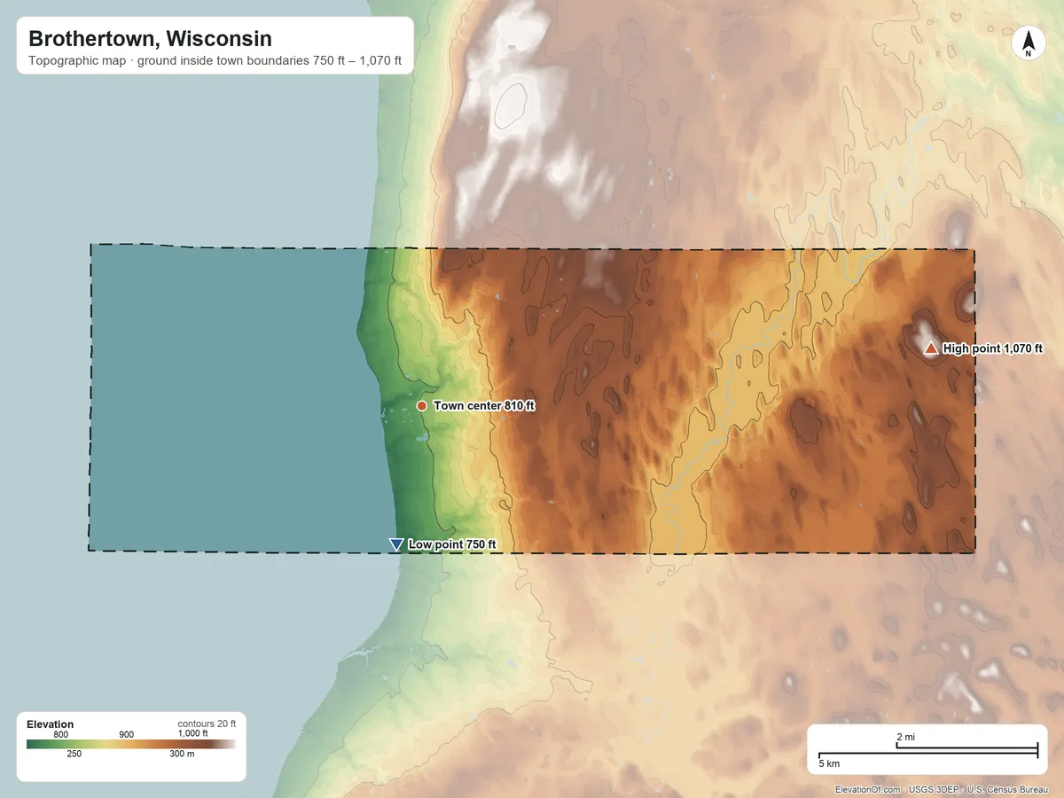 Topographic elevation map of Brothertown, Wisconsin, shaded from 750 ft on the south side to 1,070 ft on the east side
