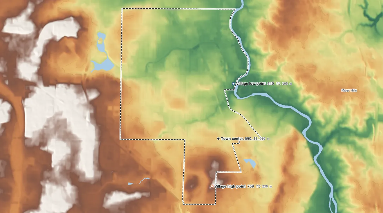 Topographic elevation map of Brown Deer, Wisconsin, shaded from 640 ft on the north side to 760 ft on the south side