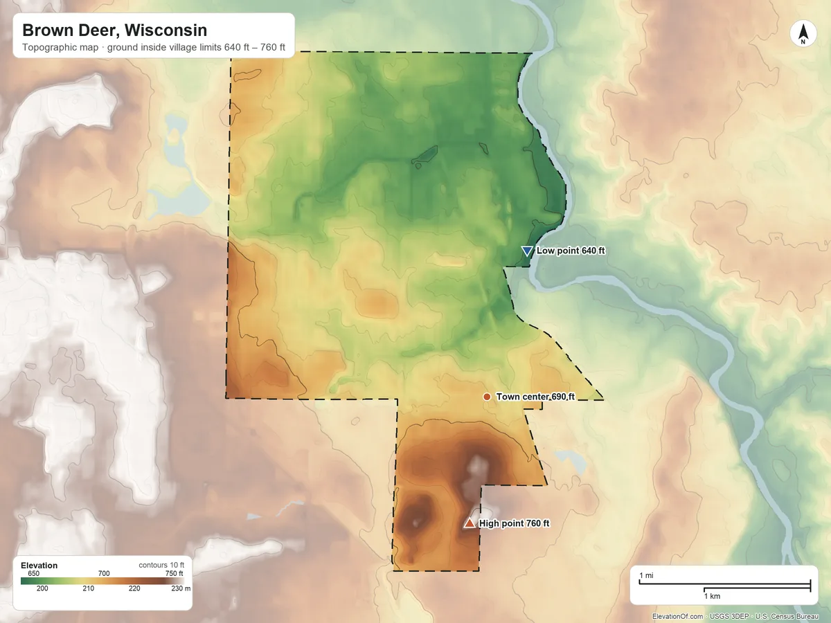 Topographic elevation map of Brown Deer, Wisconsin, shaded from 640 ft on the north side to 760 ft on the south side