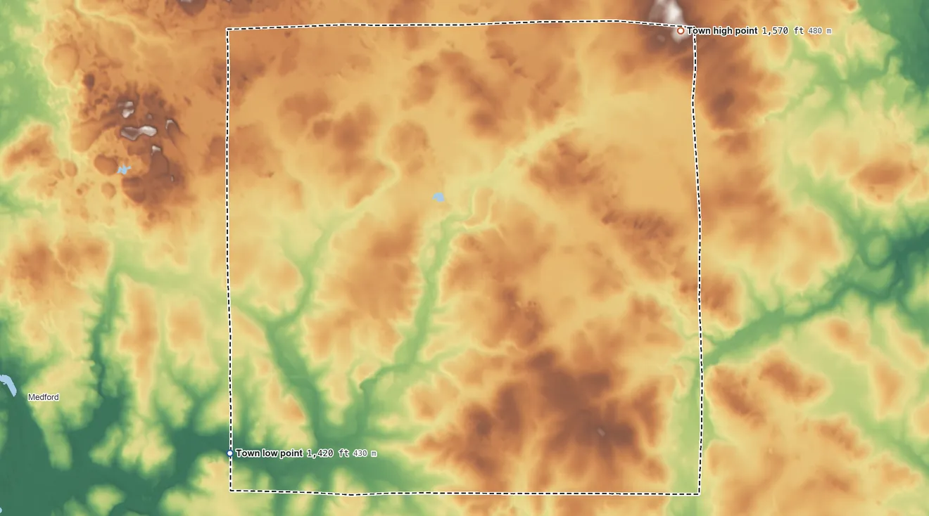 Topographic elevation map of Browning, Wisconsin, shaded from 1,420 ft on the southwest side to 1,570 ft on the northeast side