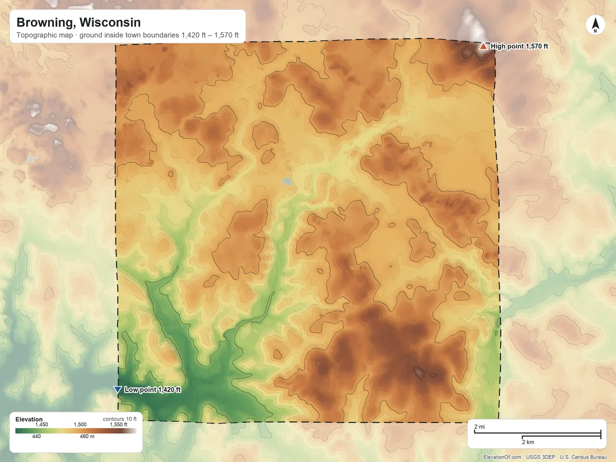 Topographic elevation map of Browning, Wisconsin, shaded from 1,420 ft on the southwest side to 1,570 ft on the northeast side