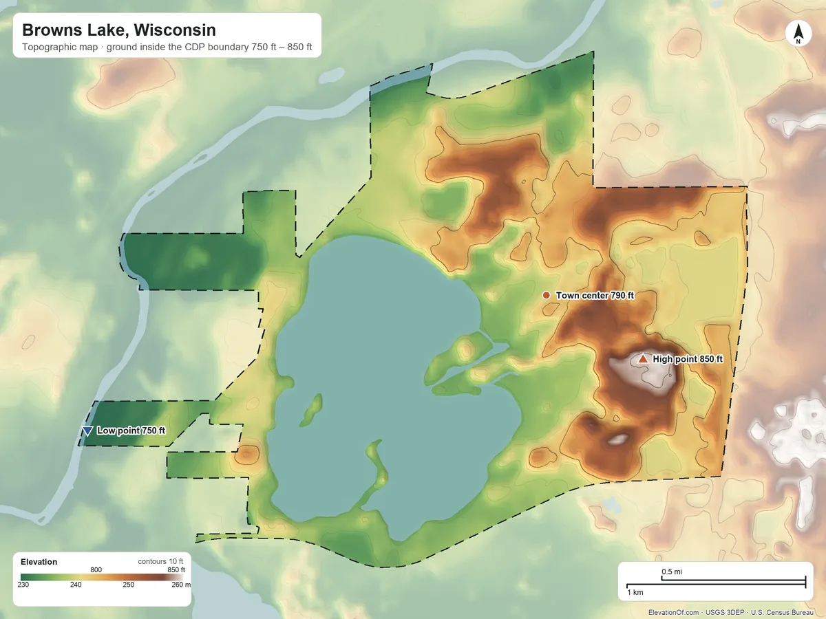 Topographic elevation map of Browns Lake, Wisconsin, shaded from 750 ft on the west side to 850 ft on the southeast side