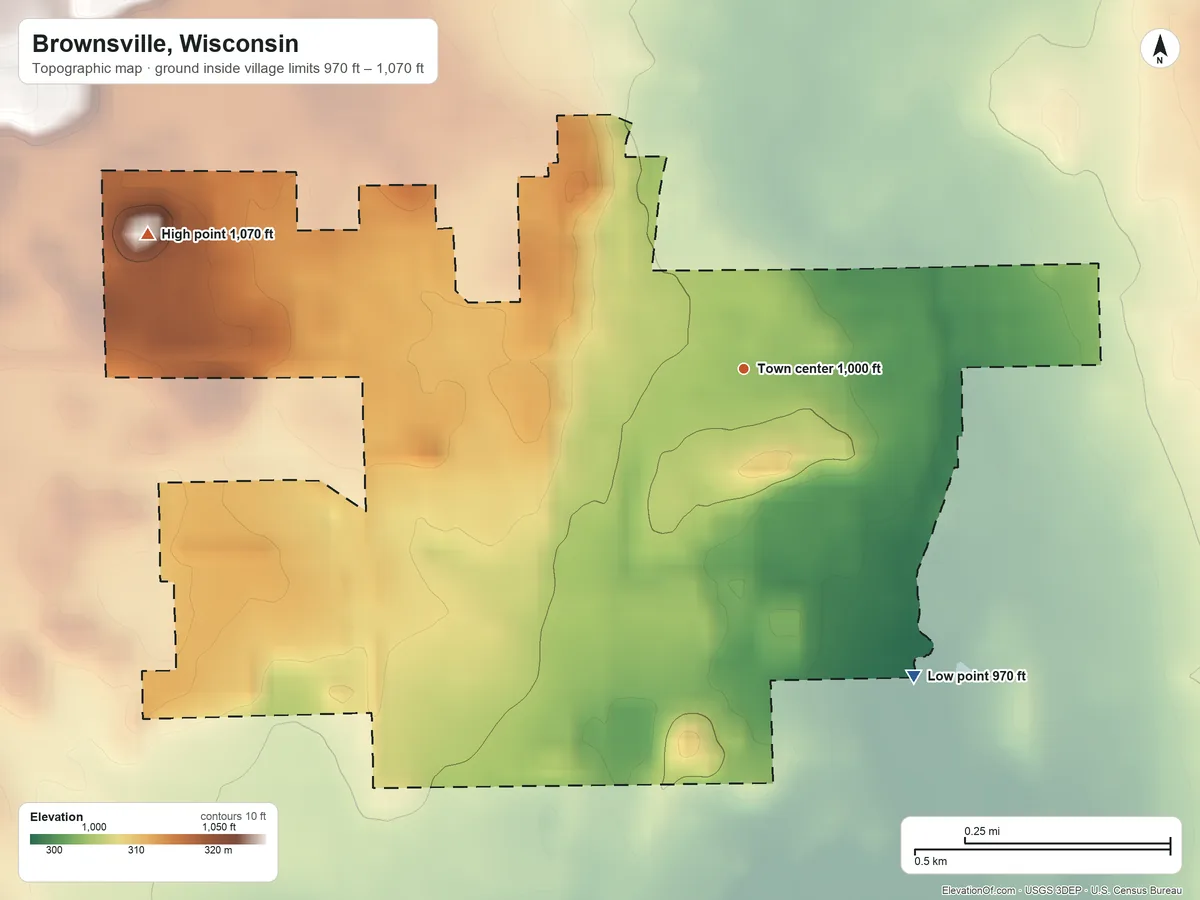 Topographic elevation map of Brownsville, Wisconsin, shaded from 970 ft on the southeast side to 1,070 ft on the west side