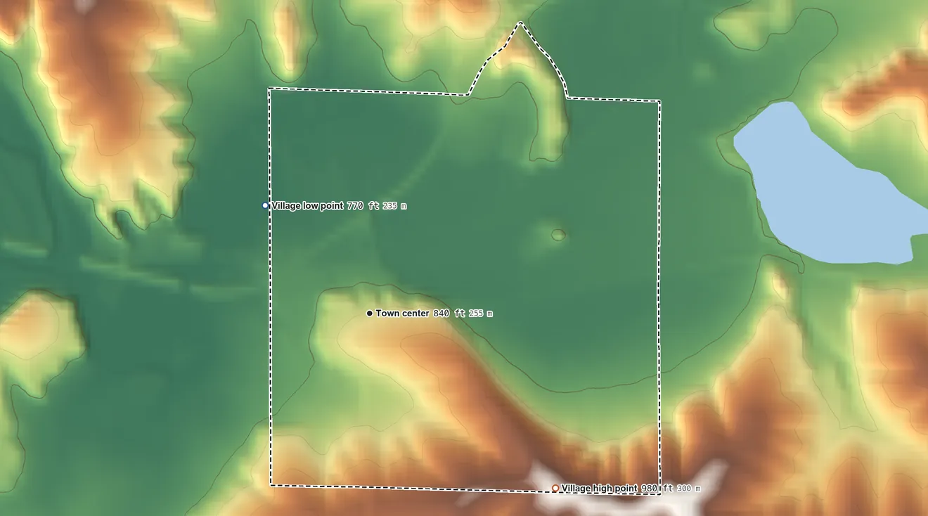 Topographic elevation map of Browntown, Wisconsin, shaded from 770 ft on the northwest side to 980 ft on the southeast side