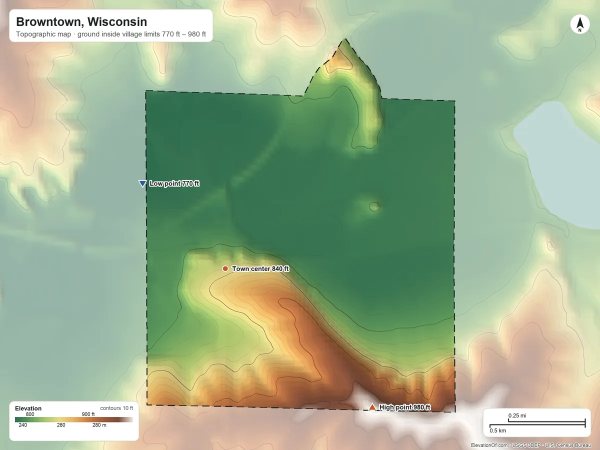 Topographic elevation map of Browntown, Wisconsin, shaded from 770 ft on the northwest side to 980 ft on the southeast side