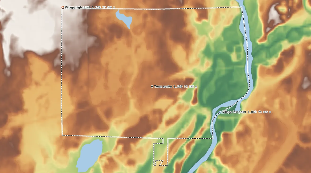 Topographic elevation map of Bruce, Wisconsin, shaded from 1,060 ft on the east side to 1,120 ft on the northwest side