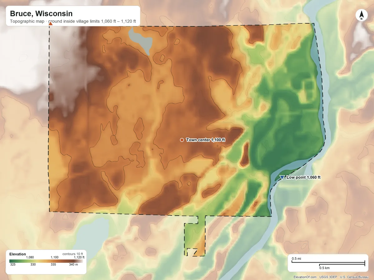 Topographic elevation map of Bruce, Wisconsin, shaded from 1,060 ft on the east side to 1,120 ft on the northwest side
