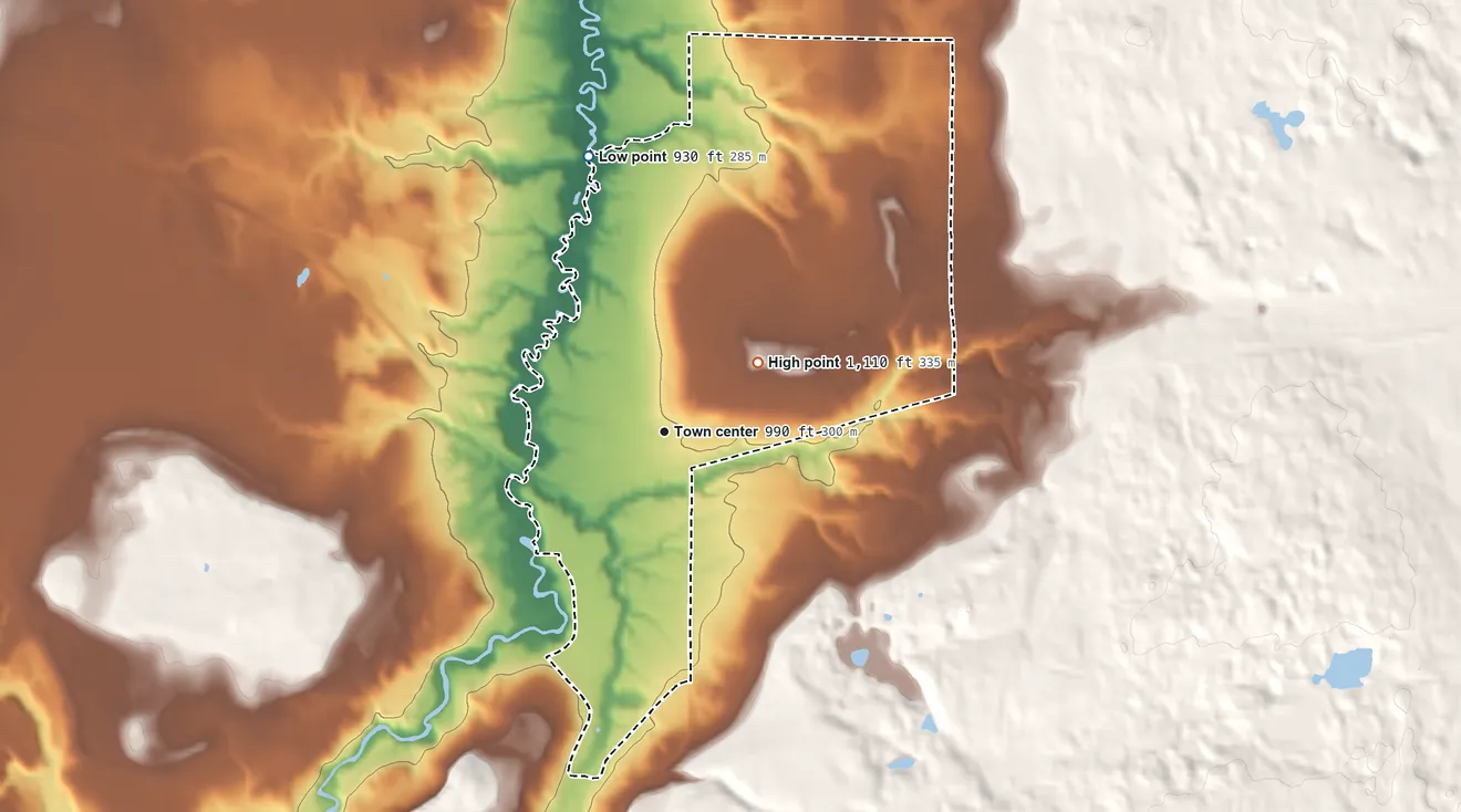 Topographic elevation map of Brule, Douglas County, Wisconsin, shaded from 930 ft on the north side to 1,110 ft on the northeast side