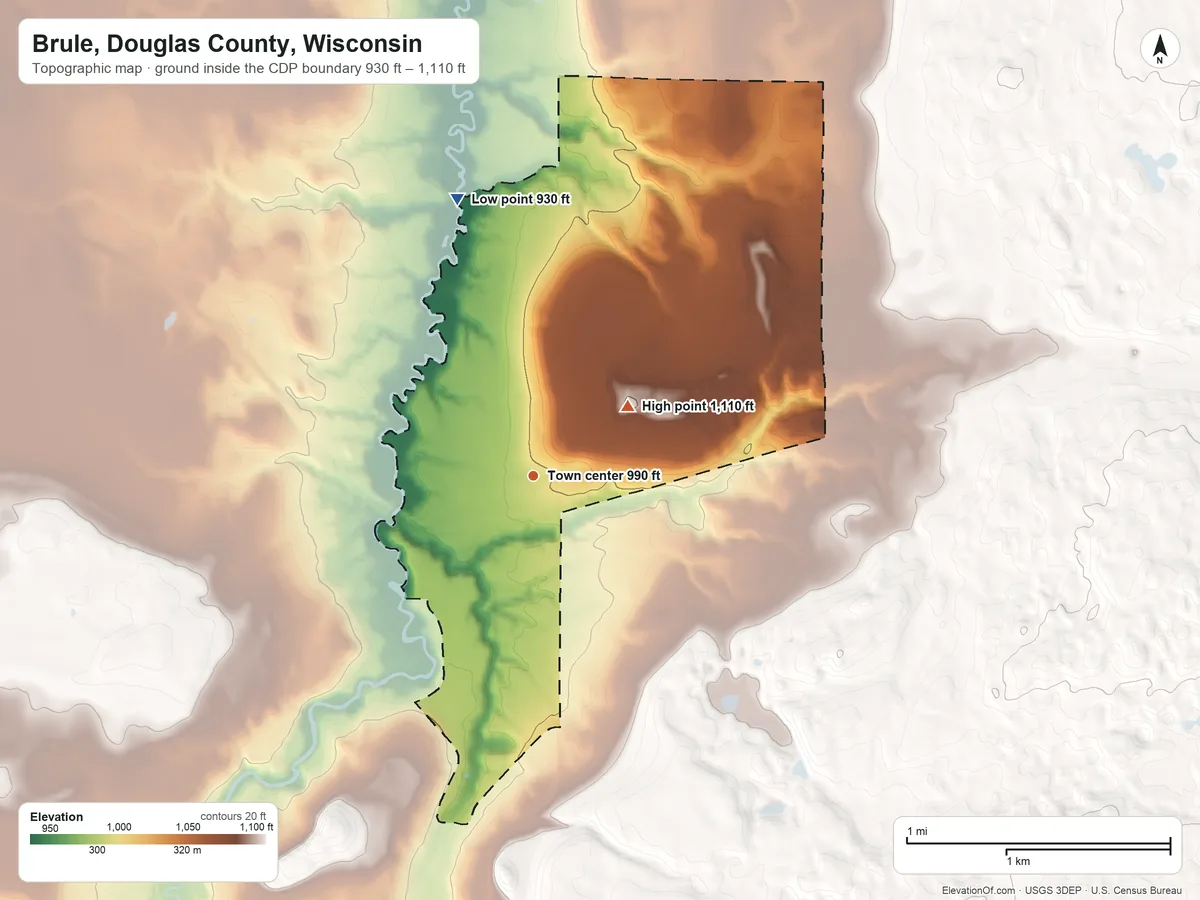 Topographic elevation map of Brule, Douglas County, Wisconsin, shaded from 930 ft on the north side to 1,110 ft on the northeast side