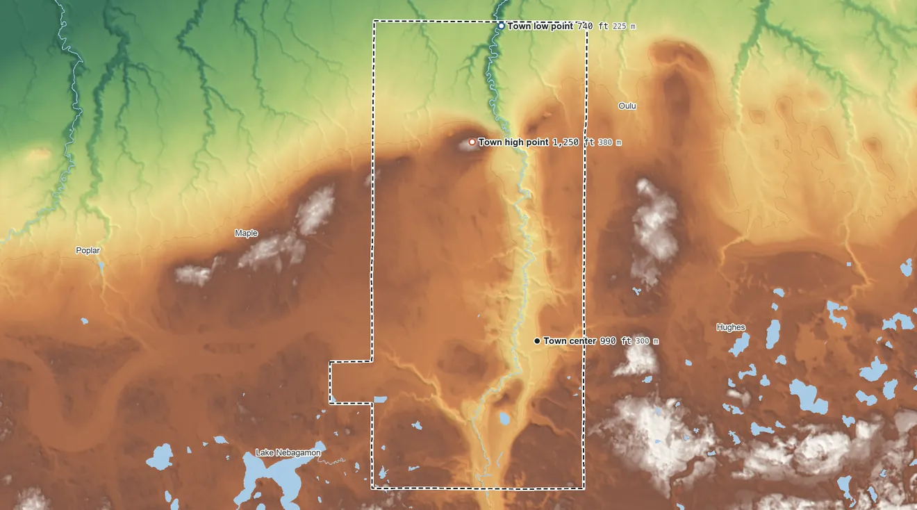 Topographic elevation map of Brule, Wisconsin, shaded from 740 ft on the north side to 1,250 ft on Sugar Camp Hill