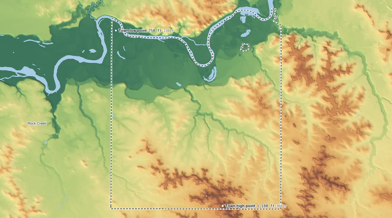 Topographic elevation map of Brunswick, Wisconsin, shaded from 750 ft on the northwest side to 1,180 ft on the south side