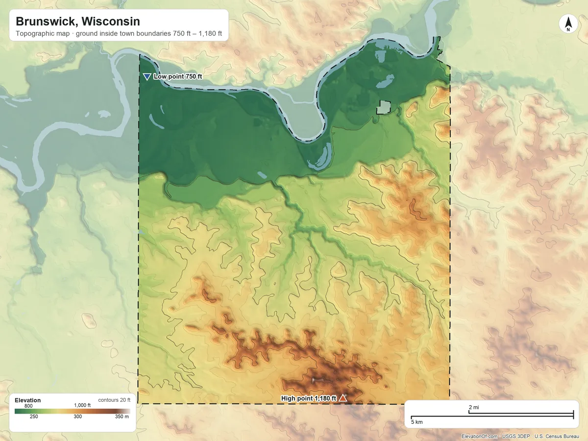 Topographic elevation map of Brunswick, Wisconsin, shaded from 750 ft on the northwest side to 1,180 ft on the south side