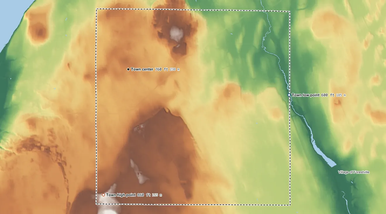 Topographic elevation map of Brussels, Wisconsin, shaded from 600 ft on the east side to 860 ft on the south side