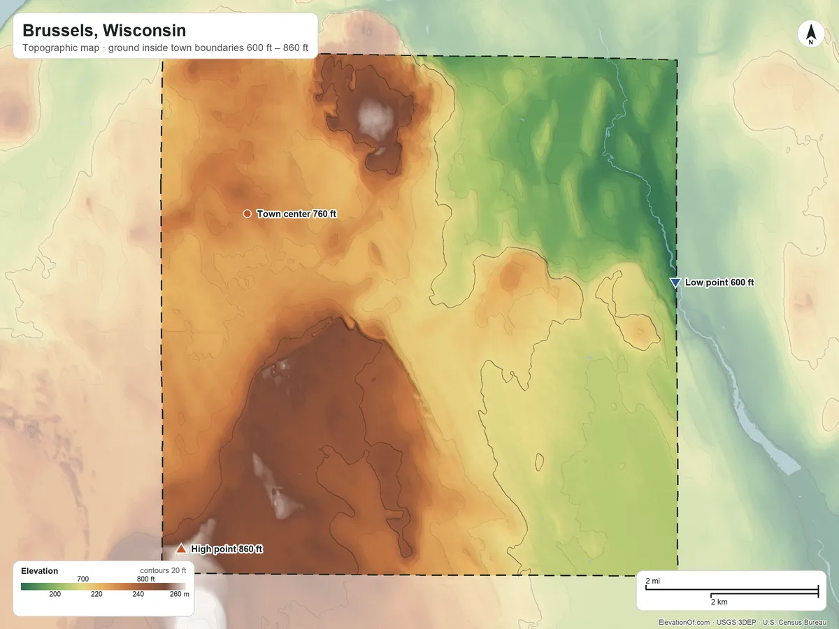 Topographic elevation map of Brussels, Wisconsin, shaded from 600 ft on the east side to 860 ft on the south side