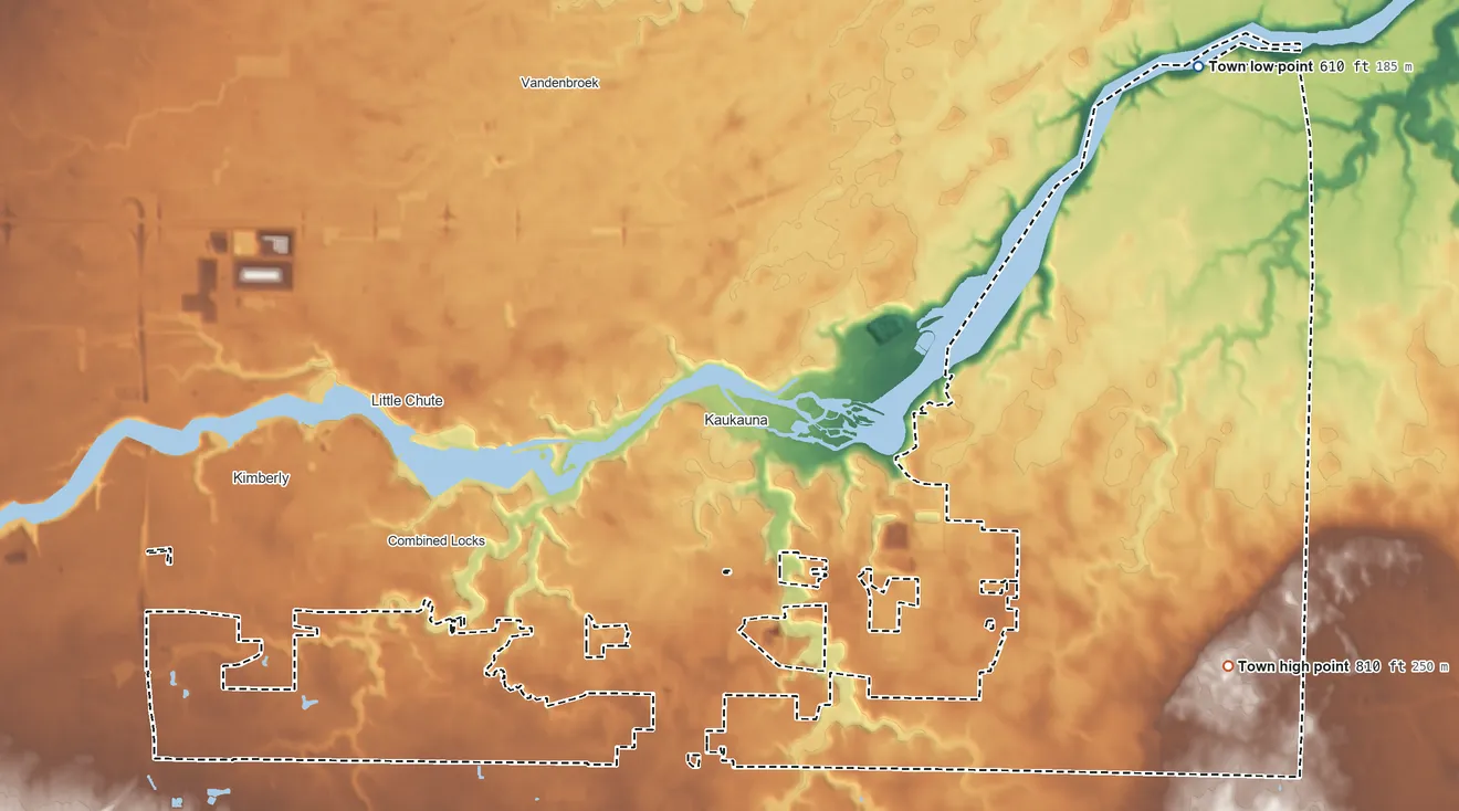 Topographic elevation map of Buchanan, Wisconsin, shaded from 610 ft on the northeast side to 810 ft on the east side