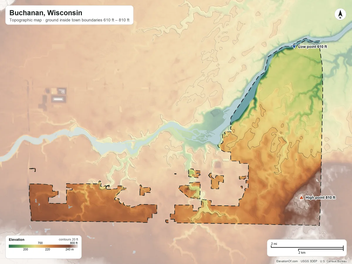 Topographic elevation map of Buchanan, Wisconsin, shaded from 610 ft on the northeast side to 810 ft on the east side