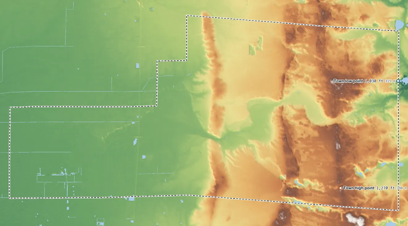 Topographic elevation map of Buena Vista, Portage County, Wisconsin, shaded from 1,030 ft on the east side to 1,270 ft on the southeast side