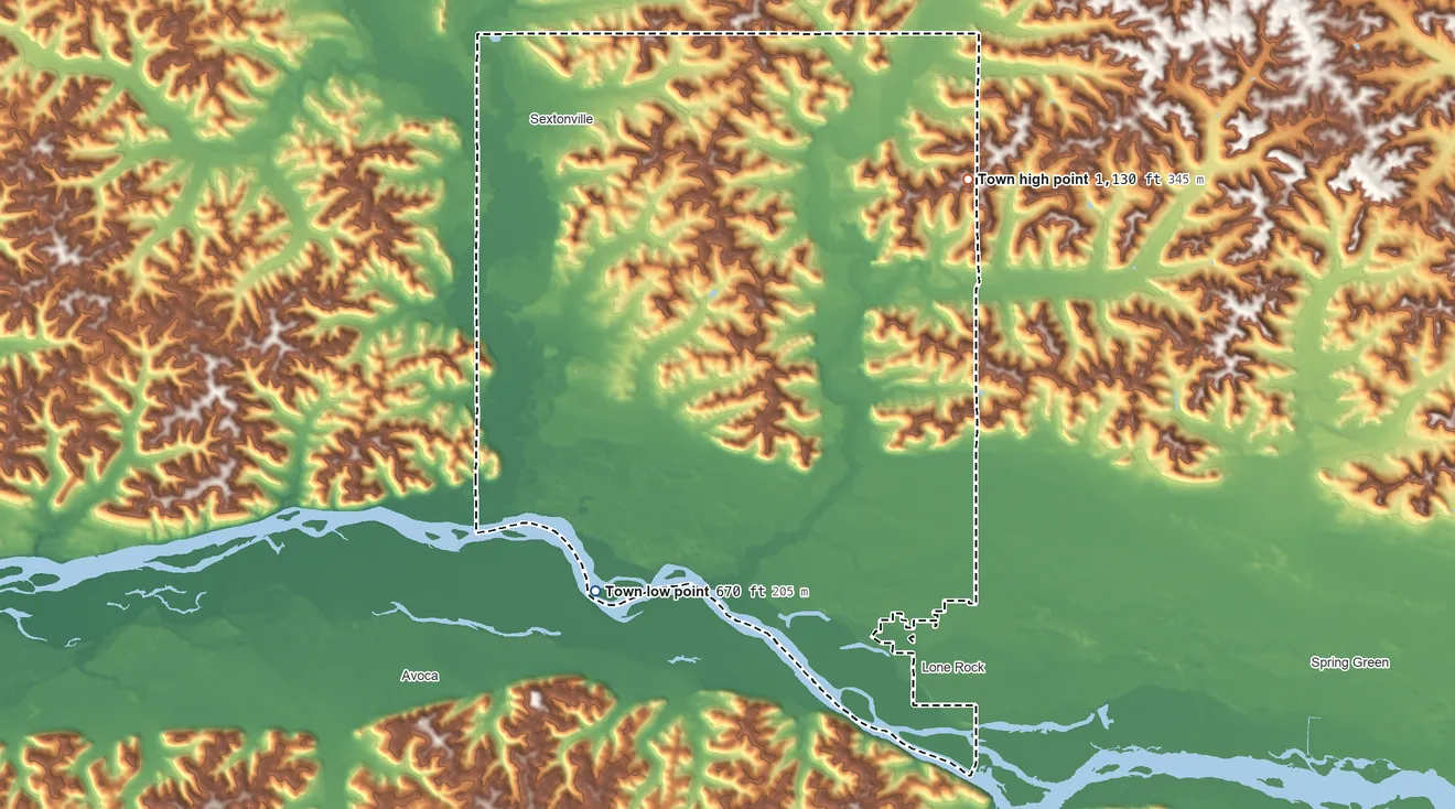 Topographic elevation map of Buena Vista, Wisconsin, shaded from 670 ft on the south side to 1,130 ft on the east side