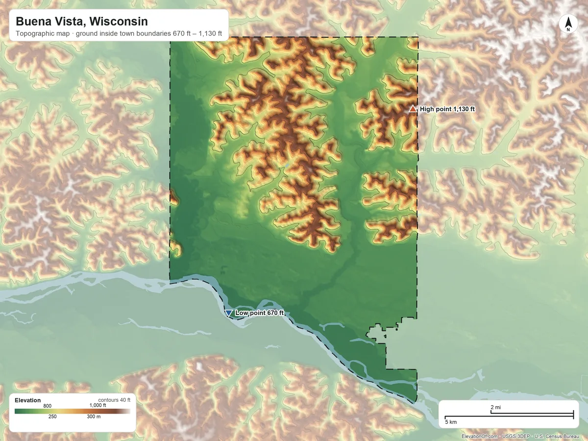 Topographic elevation map of Buena Vista, Wisconsin, shaded from 670 ft on the south side to 1,130 ft on the east side